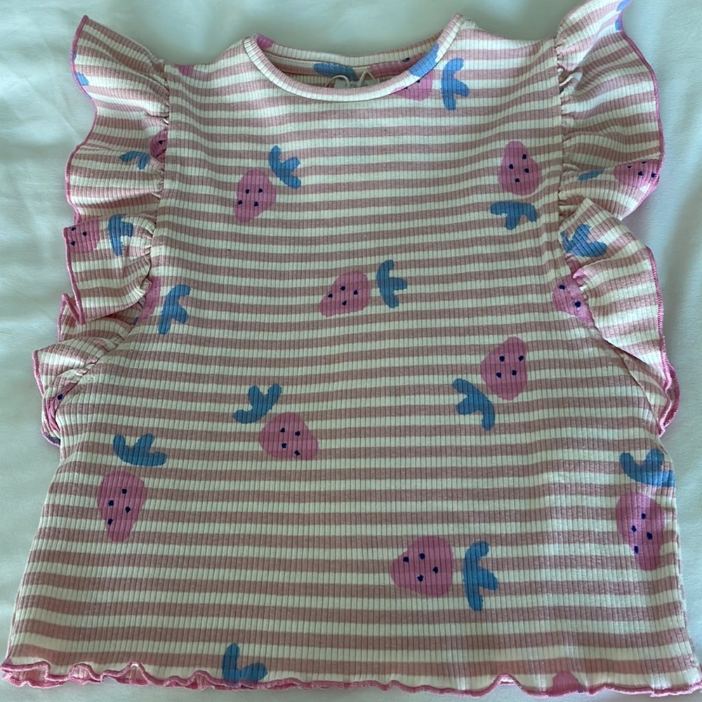 Zara Brand zara tee with Pink strawberries and ruffle sleeves 2-3 years